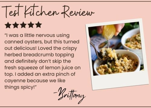 A recipe review features a five-star rating, a testimonial praising baked oysters with lemon and cayenne, and a photo of a hand squeezing lemon over breadcrumb-topped baked oysters in a white ramekin. The review is signed “Brittany."