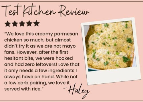 A customer review for parmesan chicken praises the dish with five stars. The text is next to a photo of a baked chicken dish topped with creamy sauce and herbs in a rectangular pan. The review is signed by Haley.
