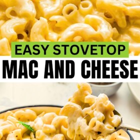 A pot filled with creamy, easy mac and cheese with a spoon scooping out a serving of cheesy pasta.