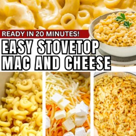 Homemade Mac and cheese being made in a pot on the stovetop and then served in a bowl with parsley on top.