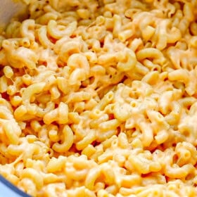 A pot of creamy homemade macaroni and cheese.