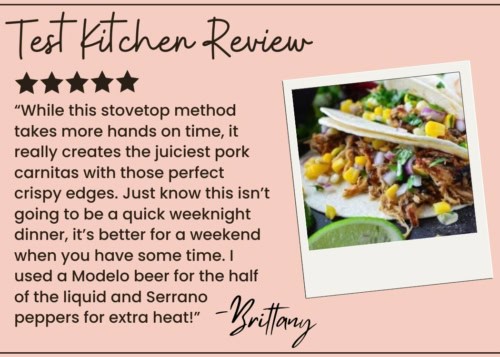 A review of delicious pork carnitas with a photo of two tacos filled with shredded carnitas, corn, red onion, and cilantro, next to a lime wedge. Five stars and a glowing testimonial are shown on a pink background.