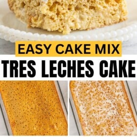 A slice of easy tres leches cake on a plate and showing the baked cake with holes poked in the top, with milks soaking into the cake, cake topped with whipped cream and cinnamon and then a cake server serving a slice of creamy cake.