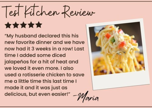 A review with five stars, a photo of cheesy chicken spaghetti with jalapeños, and a quote praising the dish for its flavor, ease, and quick preparation, signed by Maria.