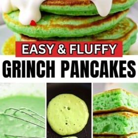 Red and green grinch pancakes for Christmas breakfast being prepared in a bowl, cooked in a frying pan and cut with a fork.