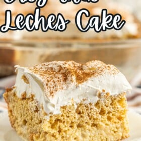 A slice of tres leches cake on a plate soaked with three types of milk and topped with whipped cream and cinnamon.