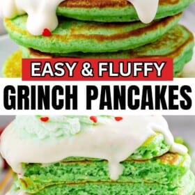 A stack of green Christmas pancakes on a plate with toppings and the pancakes cut in half to show the fluffy inside.