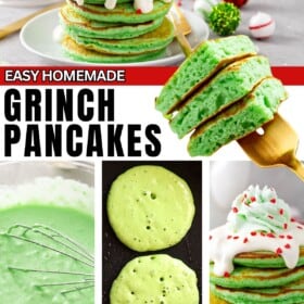 Christmas pancake batter in a bowl, being cooked in a skillet and stacked on a plate and topped with cream cheese frosting and green whipped cream for Grinch pancakes.