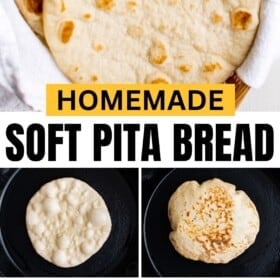 Soft homemade pita bread stacked on top of each other and served in a basket with a white tea towel wrapped around it.