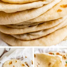 Soft and chewy homemade pita bread cooked in a skillet and then stacked on top of each other and torn in half to show the empty pocket center for stuffing.