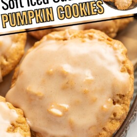 Iced oatmeal pumpkin cookies are in a shallow bowl together.