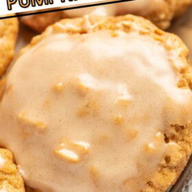 Pumpkin oatmeal cookies are topped with cinnamon icing.