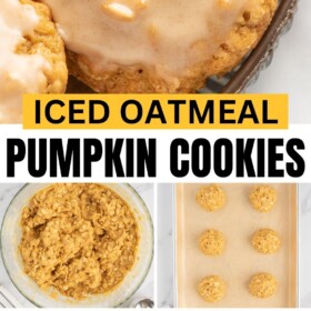 Cookie dough is mixed in a bowl, rolled into balls, baked on a baking sheet and the baked cookies are dipped into cinnamon icing.