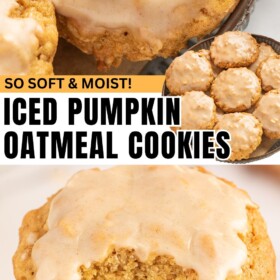 Soft baked iced pumpkin oatmeal cookies are presented stacked and on a plate.