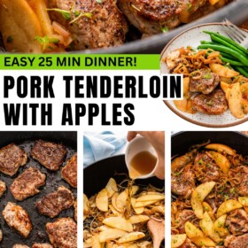 Pork tenderloin is cooking in a pan with apples and shallots.