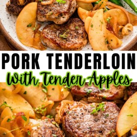 Pork tenderloin with apples served on a plate with green beans.