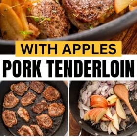 Pork tenderloin cooking in a skillet with shallots and apples.