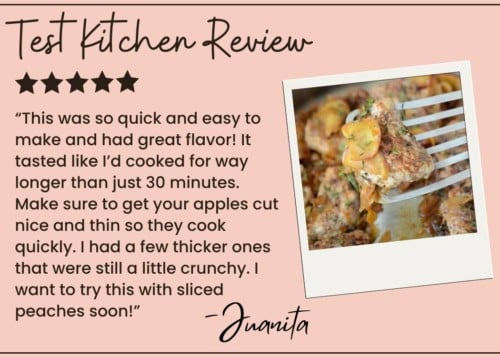 A recipe review card with a five-star rating, a photo of a spoonful of pork tenderloin with apples and herbs, and a handwritten testimonial by Juanita praising the dish’s flavor and quick preparation.