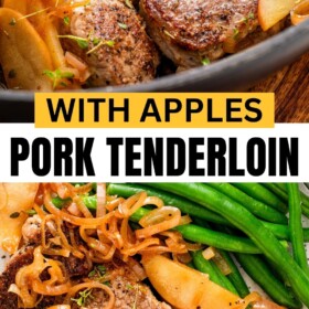 Pork tenderloin and apples served with shallots and green beans.