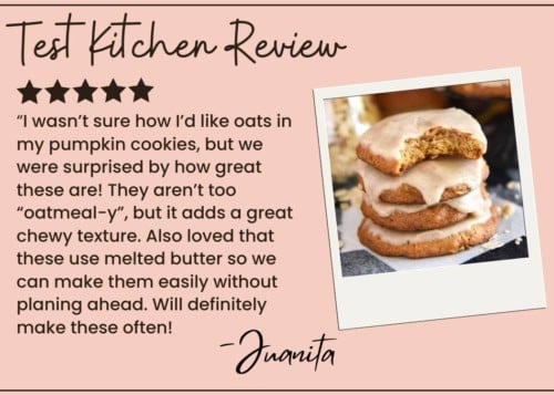 A review of pumpkin oatmeal cookies with icing is shown beside a photo of a stack of three cookies topped with glaze on a plate. The review praises their chewy texture and use of melted butter.
