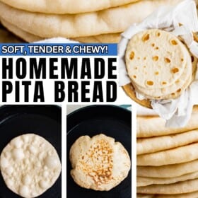 Homemade pita bread recipe being cooked in a skillet and then served stacked on top of each other.