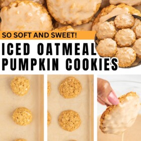 Oatmeal pumpkin cookies are baked on a baking sheet then dunked into cinnamon icing.