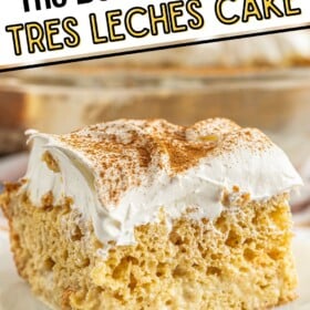 A slice of easy tres leches cake with whipped cream and cinnamon on top on a plate.