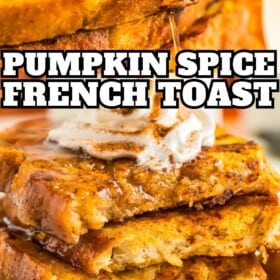 Slices of homemade pumpkin French toast served with maple syrup.