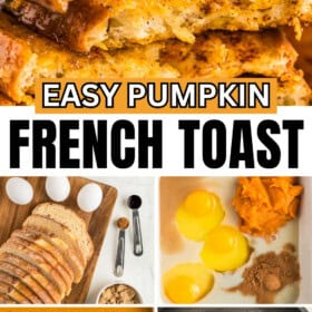 The ingredients for pumpkin French toast recipe presented with the toast being cooked in a skillet and served with whipped cream.