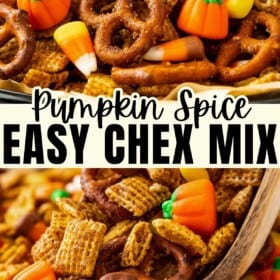 Pumpkin spice Chex mix with candy corn and candy pumpkins on a sheet pan and with a wooden spoon scooping up a serving.