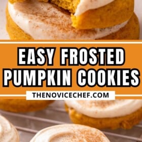 Soft pumpkin cookies with cream cheese frosting on a cooling rack and then stacked on top of each other with a bite taken out of one cookie.