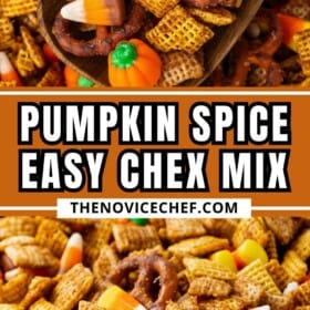 A wooden spoon scooping up a serving of pumpkin spice halloween Chex mix with candy corn and candy pumpkins.