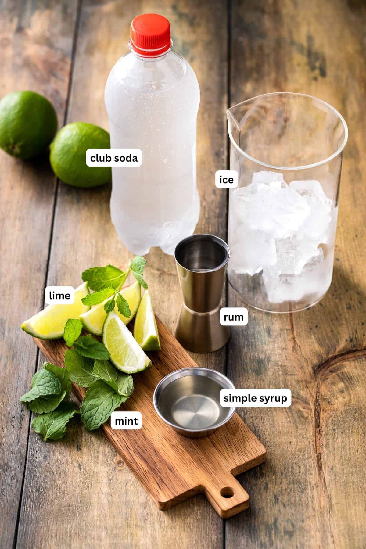 Labeled mojito ingredients for the best mojito recipe, from top to bottom: club soda, ice, rum, lime, fresh mint and simple syrup.