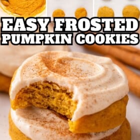 Pumpkin cookie dough in a bowl, then placed on a baking sheet, baked and frosted.