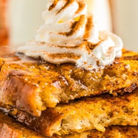 Slices of moist, sweet French toast with pumpkin on a plate.