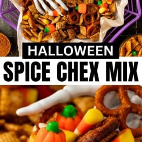 Halloween Chex mix in a large spider bowl and a skeleton hand holding the pumpkin spice Chex mix with candy corn and candy pumpkins.