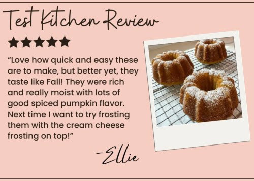 A review graphic features a quote praising mini pumpkin bundt cakes, a five-star rating, and a photo of three small bundt cakes dusted with powdered sugar on a cooling rack. The review is signed by Ellie.