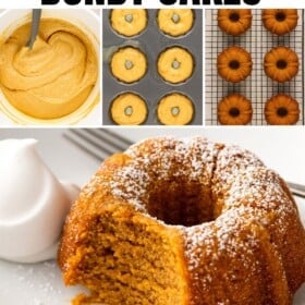 Mini pumpkin bundt cakes are baked in a pan and presented on a white plate.