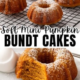 Mini bundt cakes cooling on a wire rack with a bitten bundt cake on a plate.