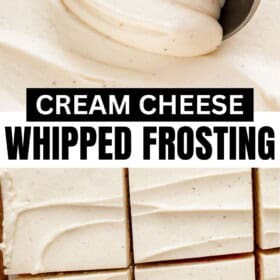 Whipped cream cheese frosting is scooped with a spoon next to slices of frosted cake.