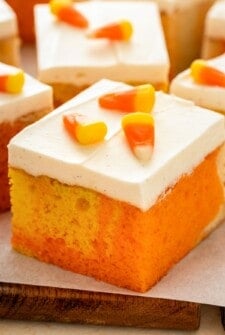 Easy candy corn cake squares topped with candy.