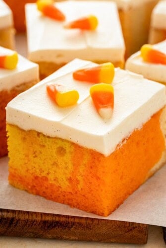 Easy candy corn cake squares topped with candy.