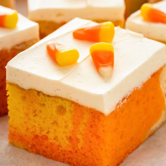 Easy candy corn cake squares topped with candy.