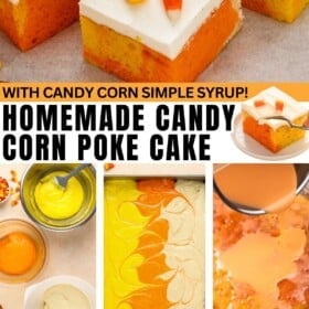 Cake batter prepared in a baking dish, then baked and topped with frosting and candy corn.