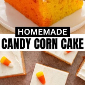 Orange, yellow, and white cake is topped with whipped cream cheese frosting and candy corn.