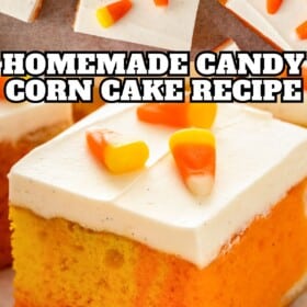 Halloween cake with candy corn cut into even squares.