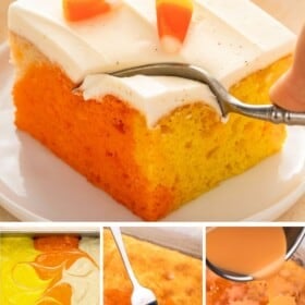 A fork is digging into a slice of Halloween cake with candy corn.