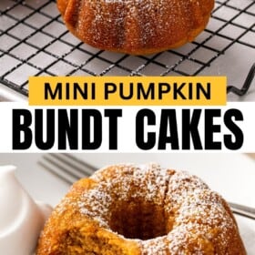 Several pumpkin bundt cakes are presented on a wire rack and on a white plate.