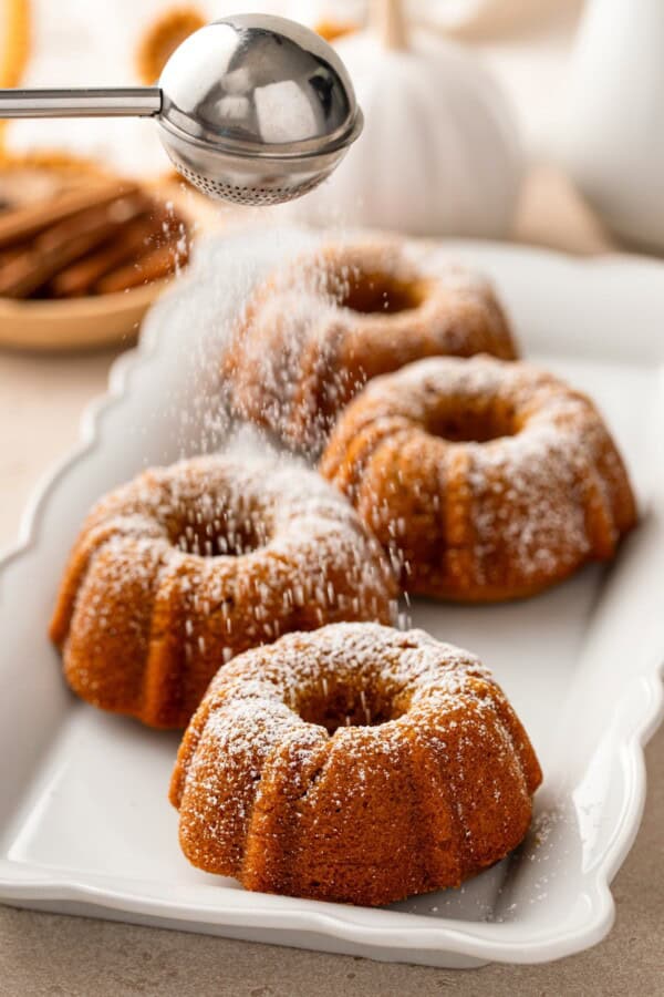 Powdered sugar is dusting a plate of fall spiced pumpkin bundt cakes.