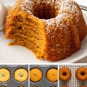 Bundt cakes are baking in a pan next to a plated bundt cake.